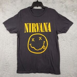 Nirvana Graphic T-Shirt Mens Medium Black Yellow Smiley Face Band Tee